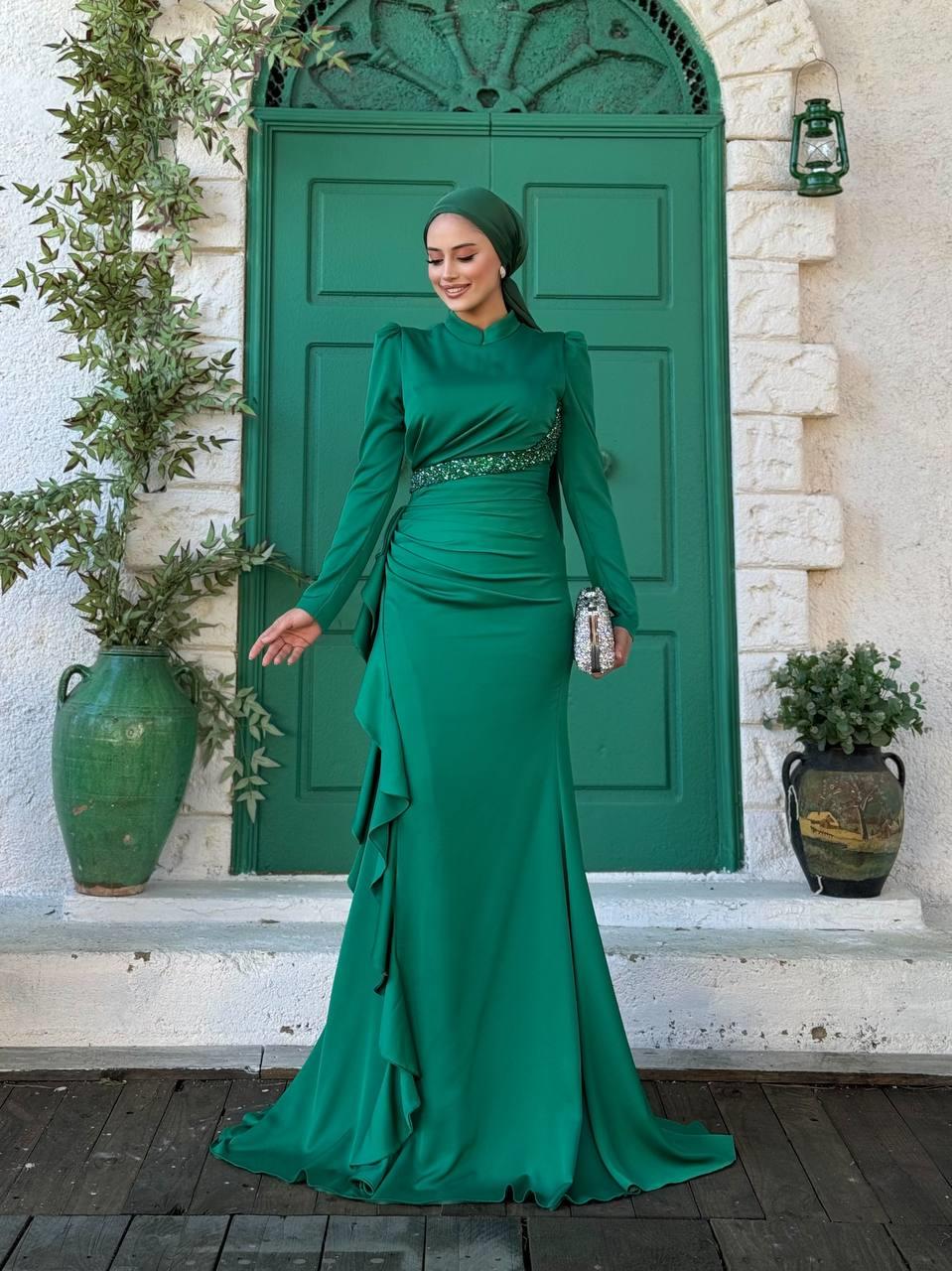 Fırfır Detaylı Abiye Zümrüt