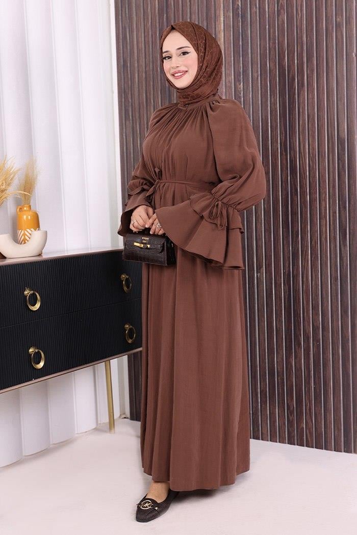 Fırfırlı Elbise Kahverengi