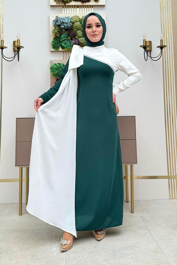 Fiyonk Abiye Elbise Ekru-Zümrüt 