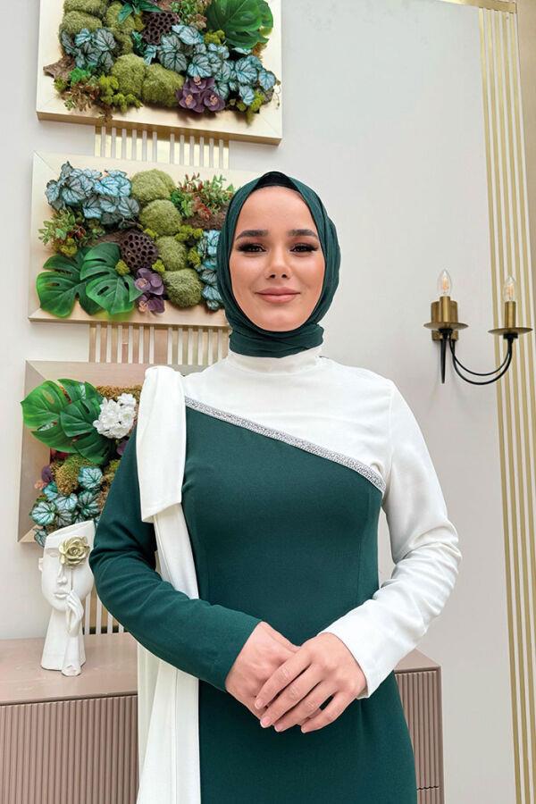 Fiyonk Abiye Elbise Ekru-Zümrüt 