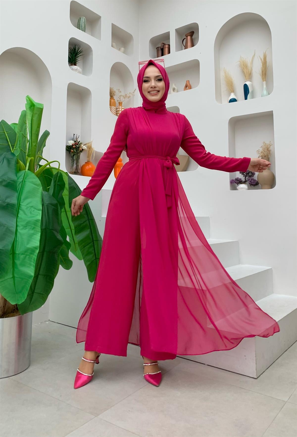 Fuşya Pelerinli Tulum