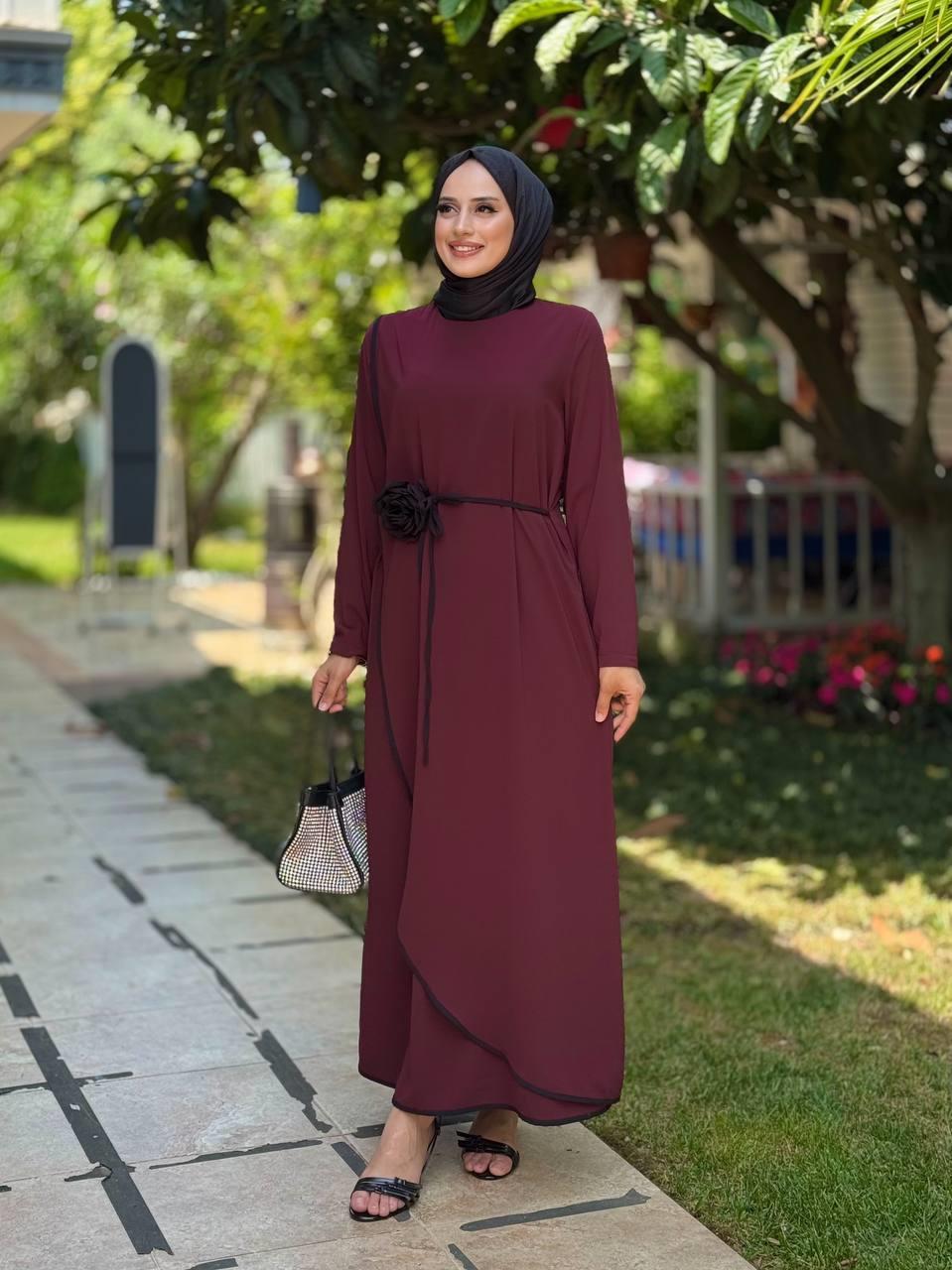 Gül Detaylı Elbise Bordo