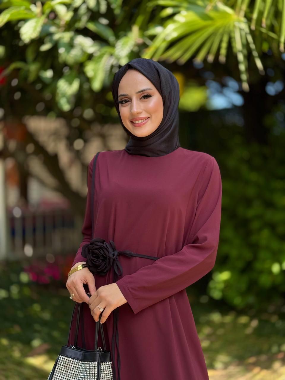 Gül Detaylı Elbise Bordo