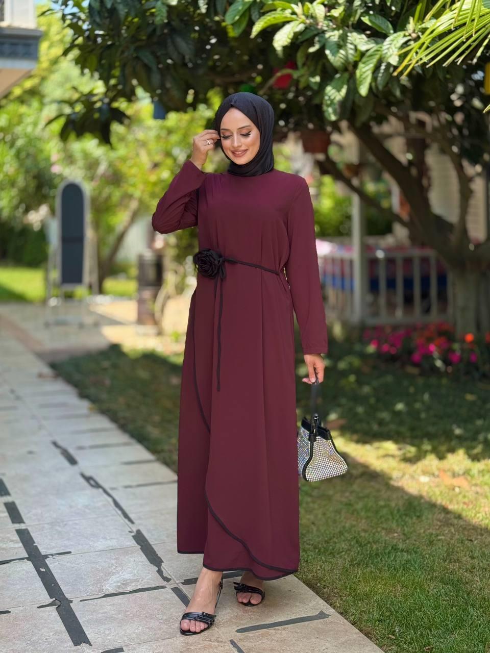 Gül Detaylı Elbise Bordo