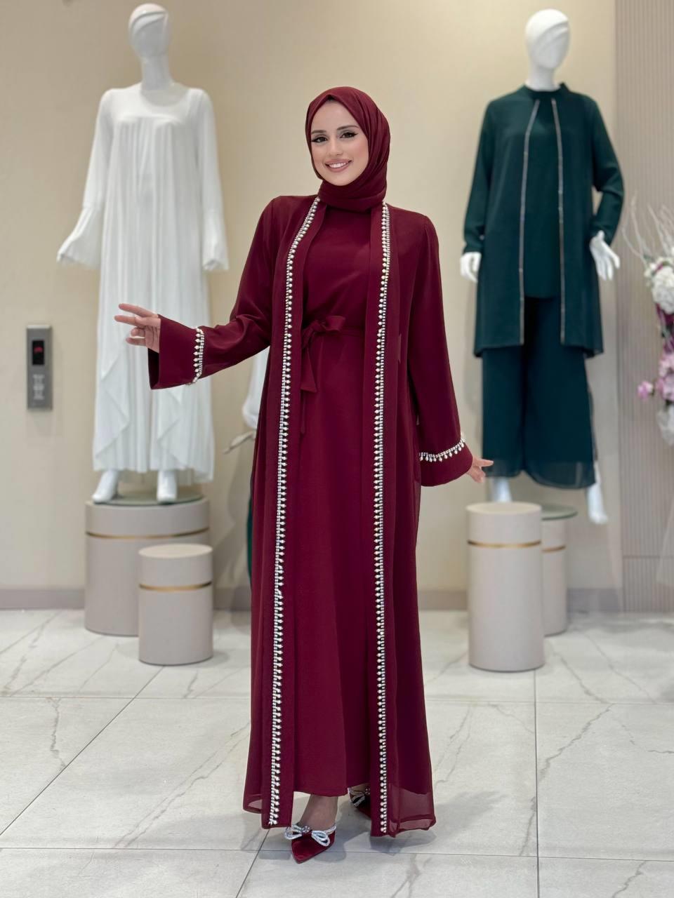 İncili Abaya Elbise Bordo 