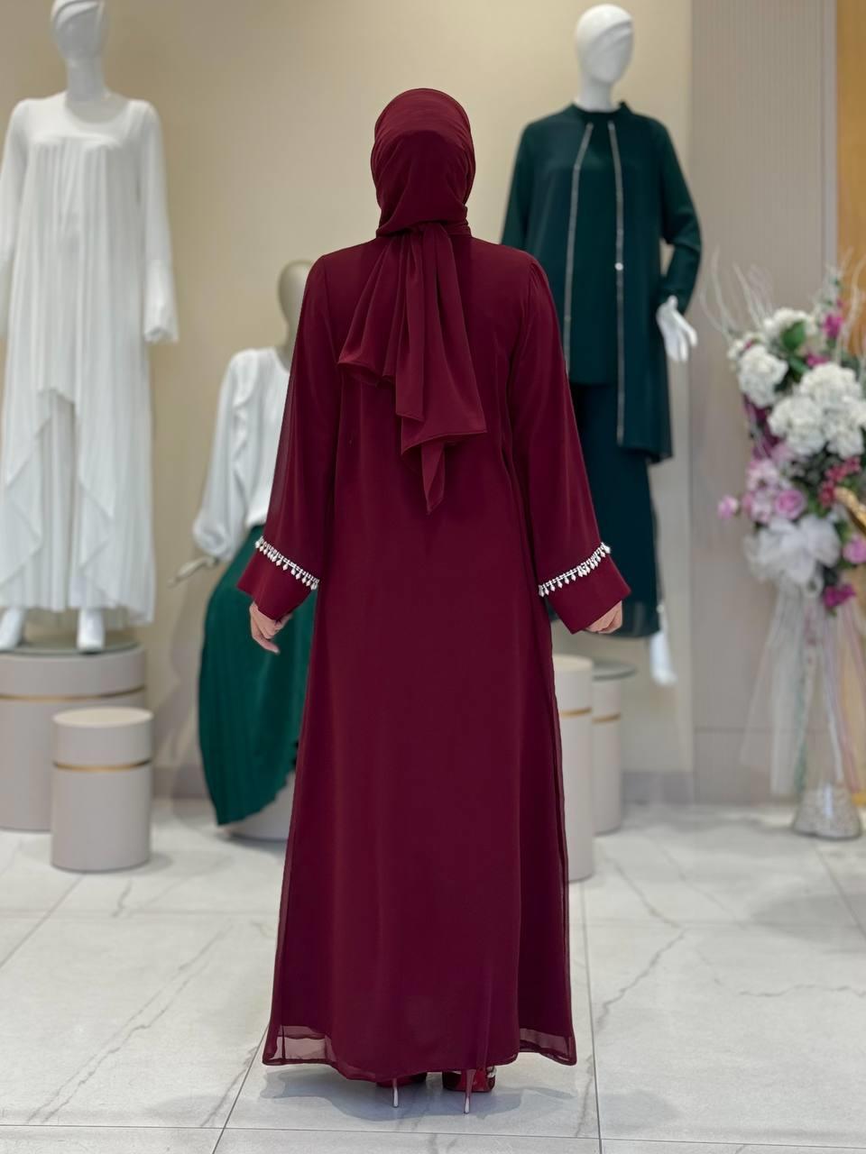 İncili Abaya Elbise Bordo 