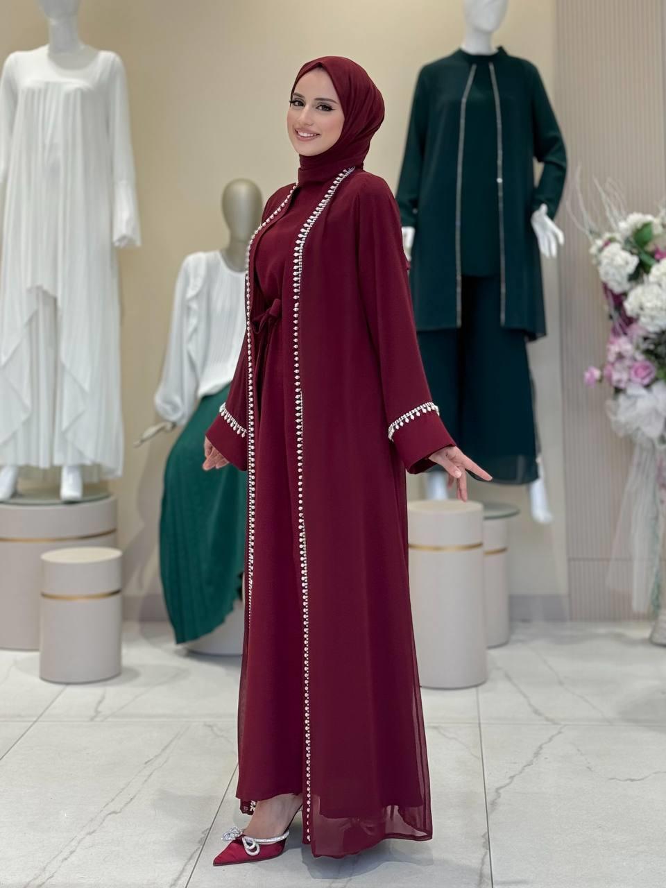 İncili Abaya Elbise Bordo 