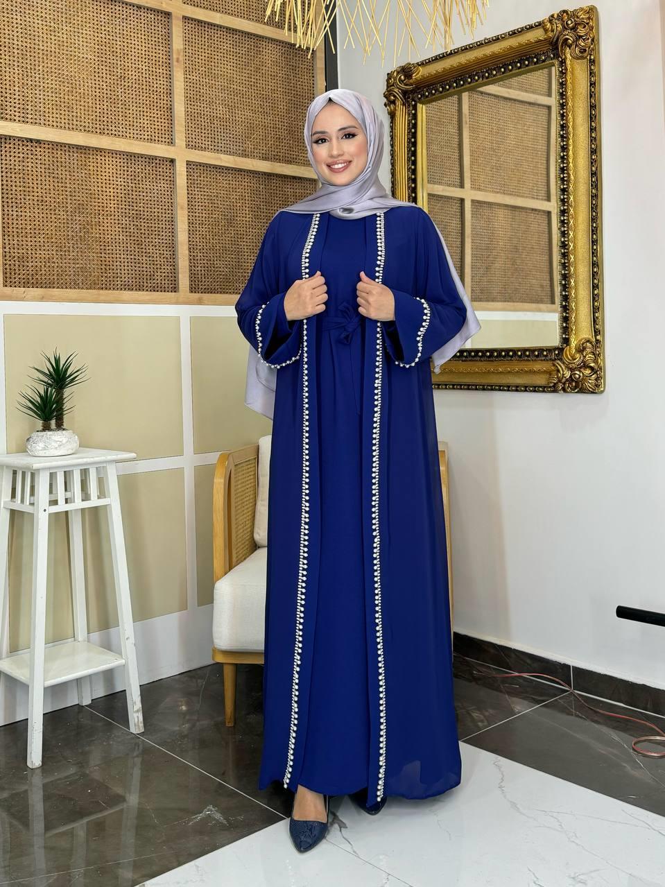 İncili Abaya Elbise Lacivert