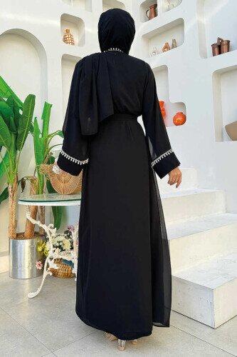 İncili Abaya Elbise Siyah 