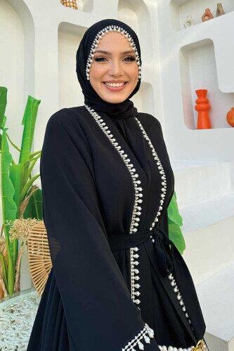 İncili Abaya Elbise Siyah 