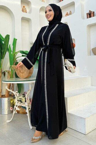 İncili Abaya Elbise Siyah 