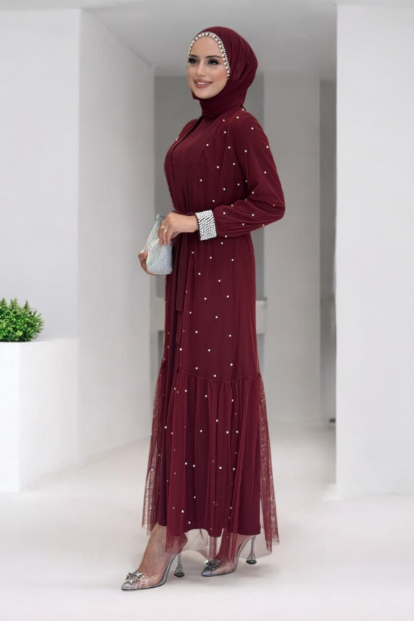 İnciLİ Abaya Elbise Takım Bordo 
