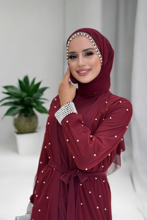 İnciLİ Abaya Elbise Takım Bordo 