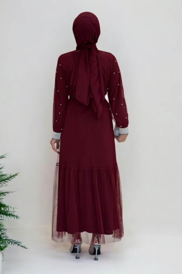 İnciLİ Abaya Elbise Takım Bordo 