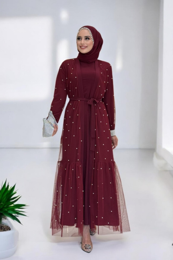 İnciLİ Abaya Elbise Takım Bordo 