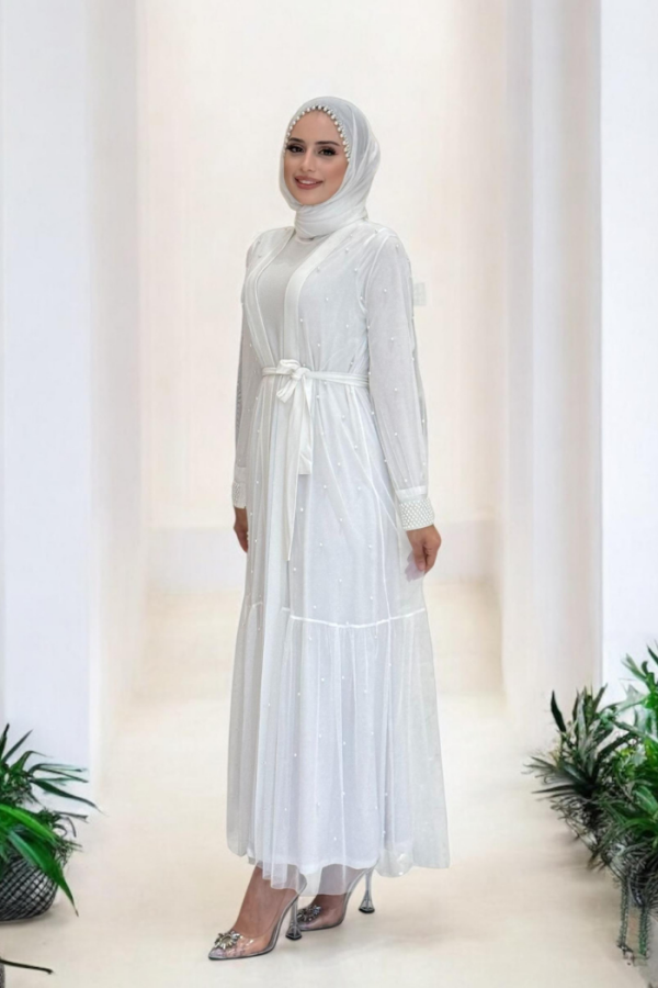 İnciLİ Abaya Elbise Takım Ekru 