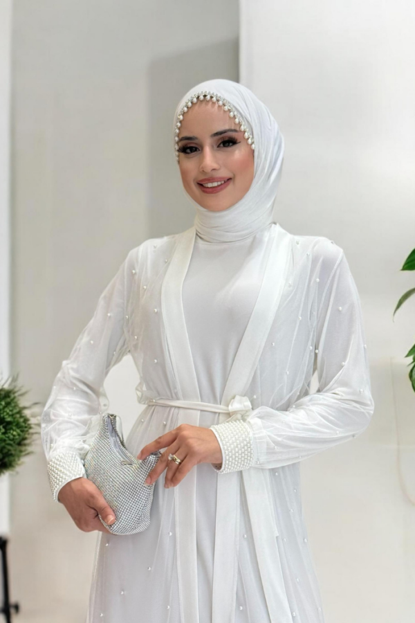 İnciLİ Abaya Elbise Takım Ekru 