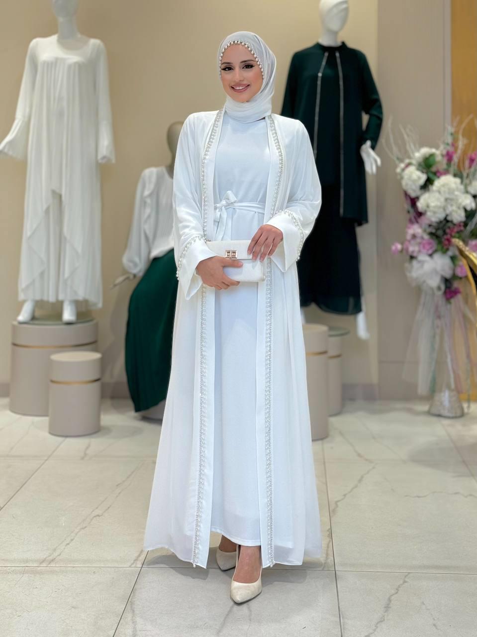 İncili Abaya Elbise Takım Ekru