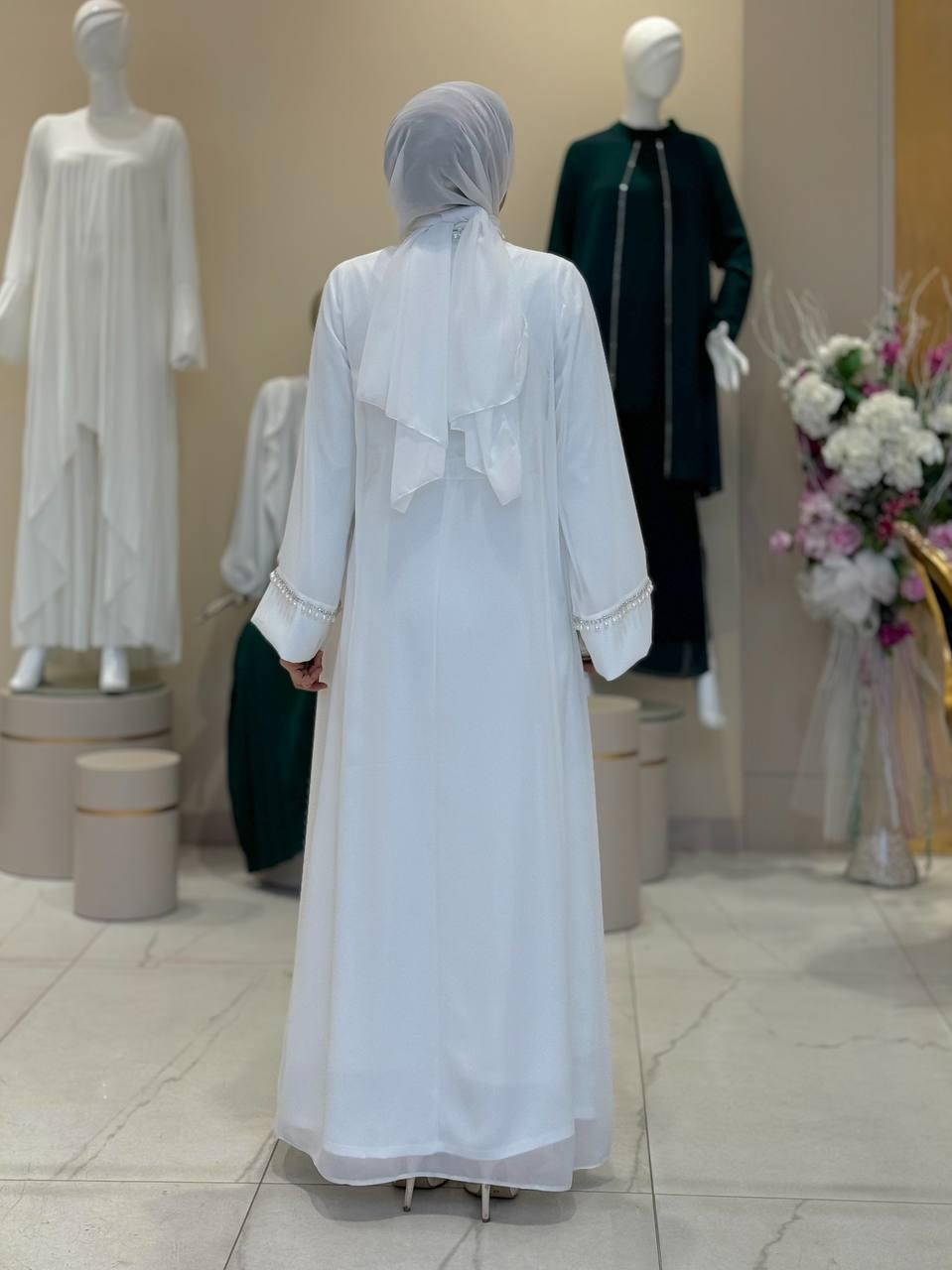 İncili Abaya Elbise Takım Ekru