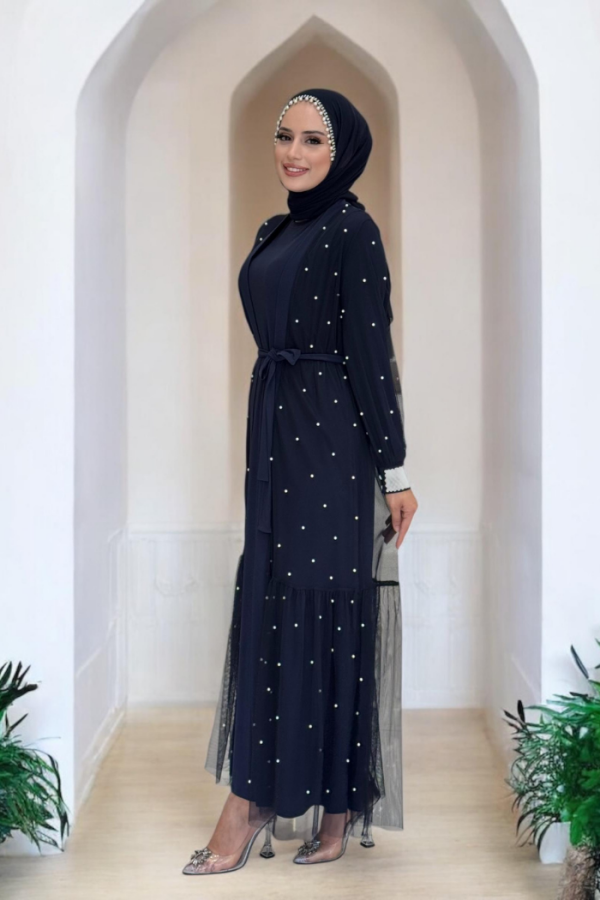 İnciLİ Abaya Elbise Takım Lacivert