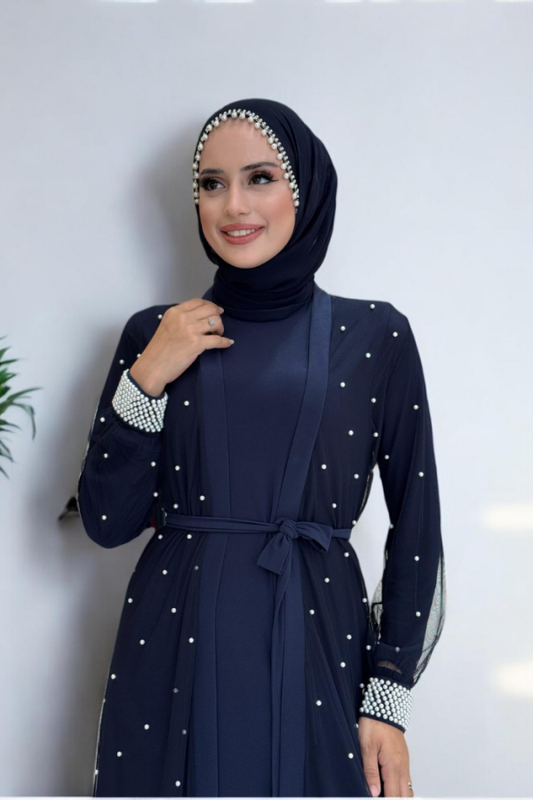 İnciLİ Abaya Elbise Takım Lacivert