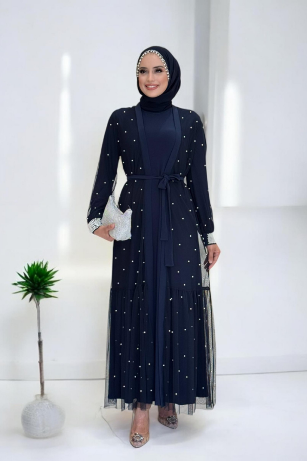 İnciLİ Abaya Elbise Takım Lacivert