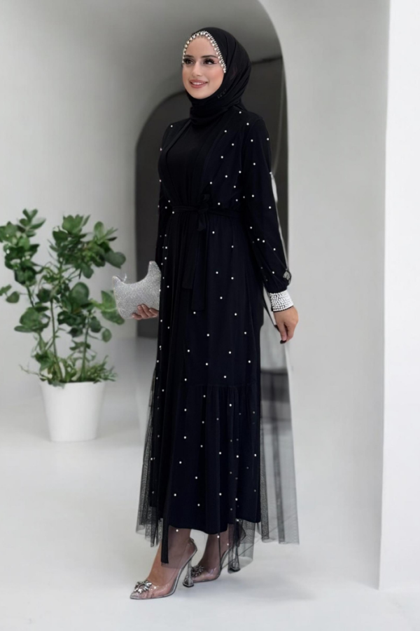 İnciLİ Abaya Elbise Takım Siyah