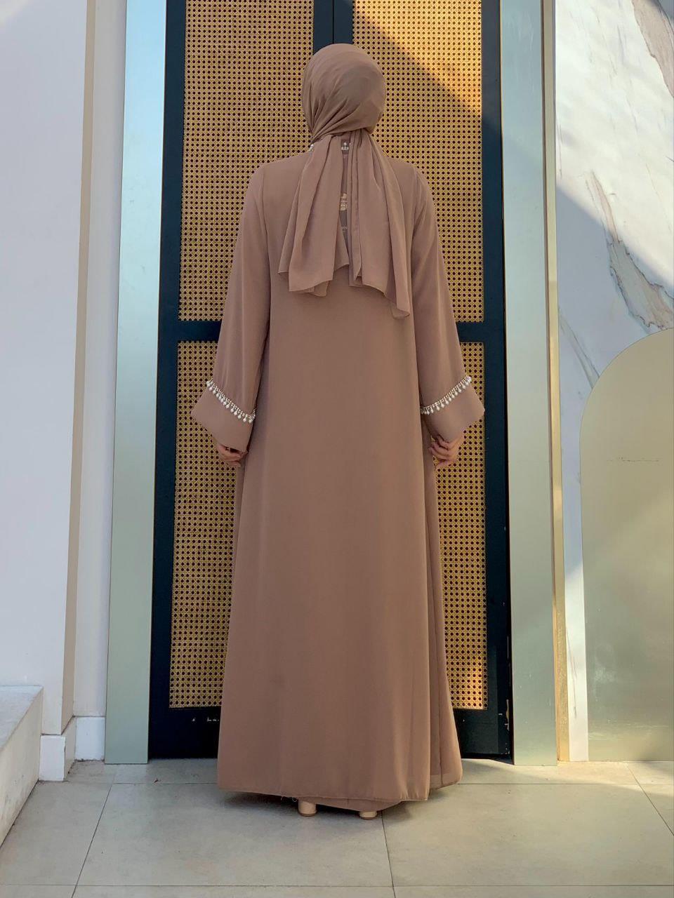İncili Abaya Elbise Takım Vizon