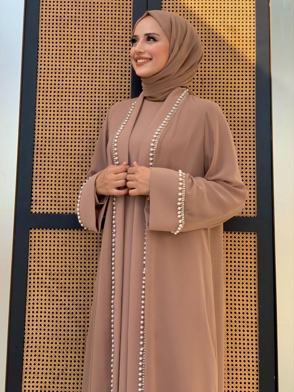 İncili Abaya Elbise Takım Vizon