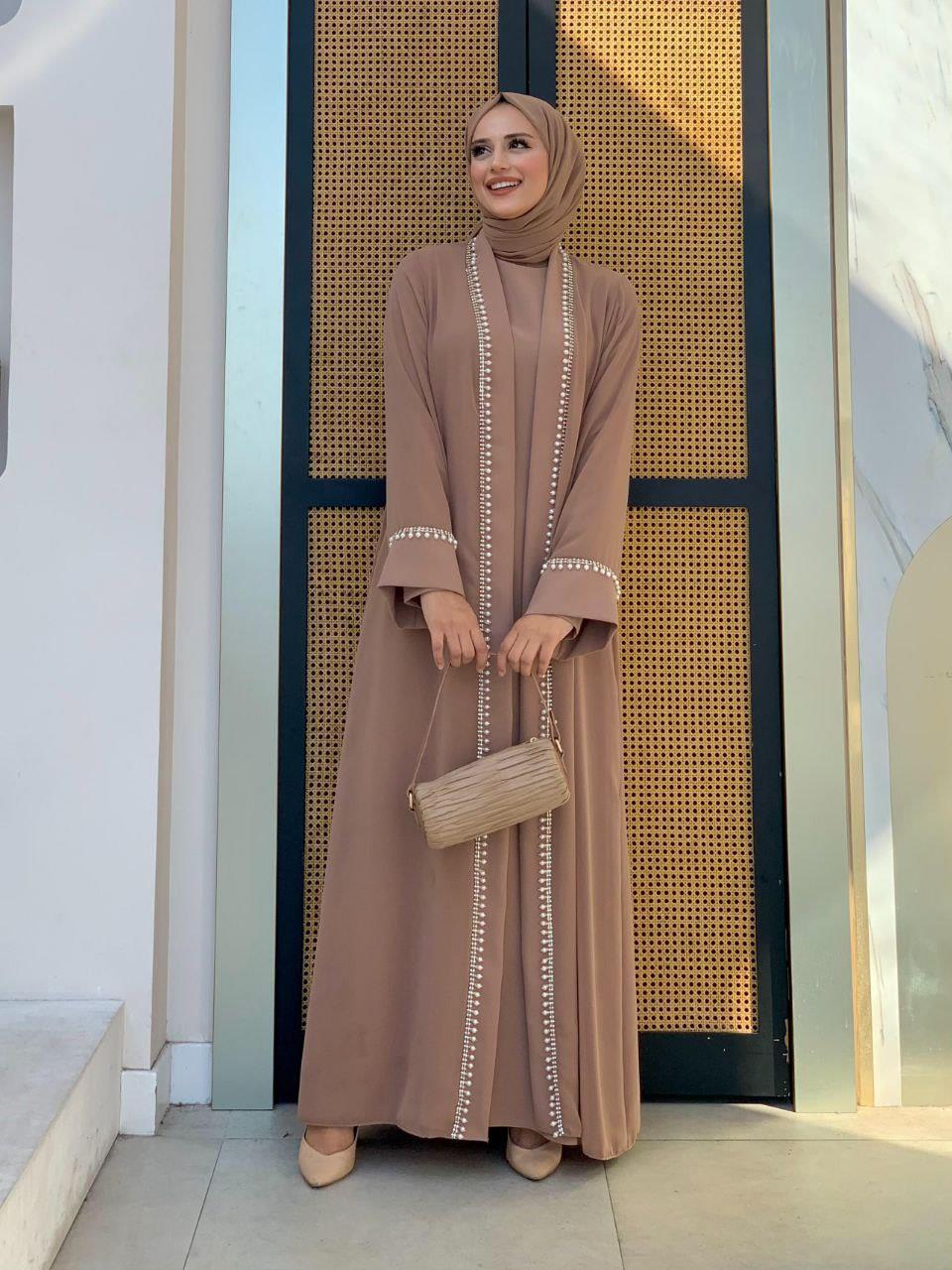 İncili Abaya Elbise Takım Vizon