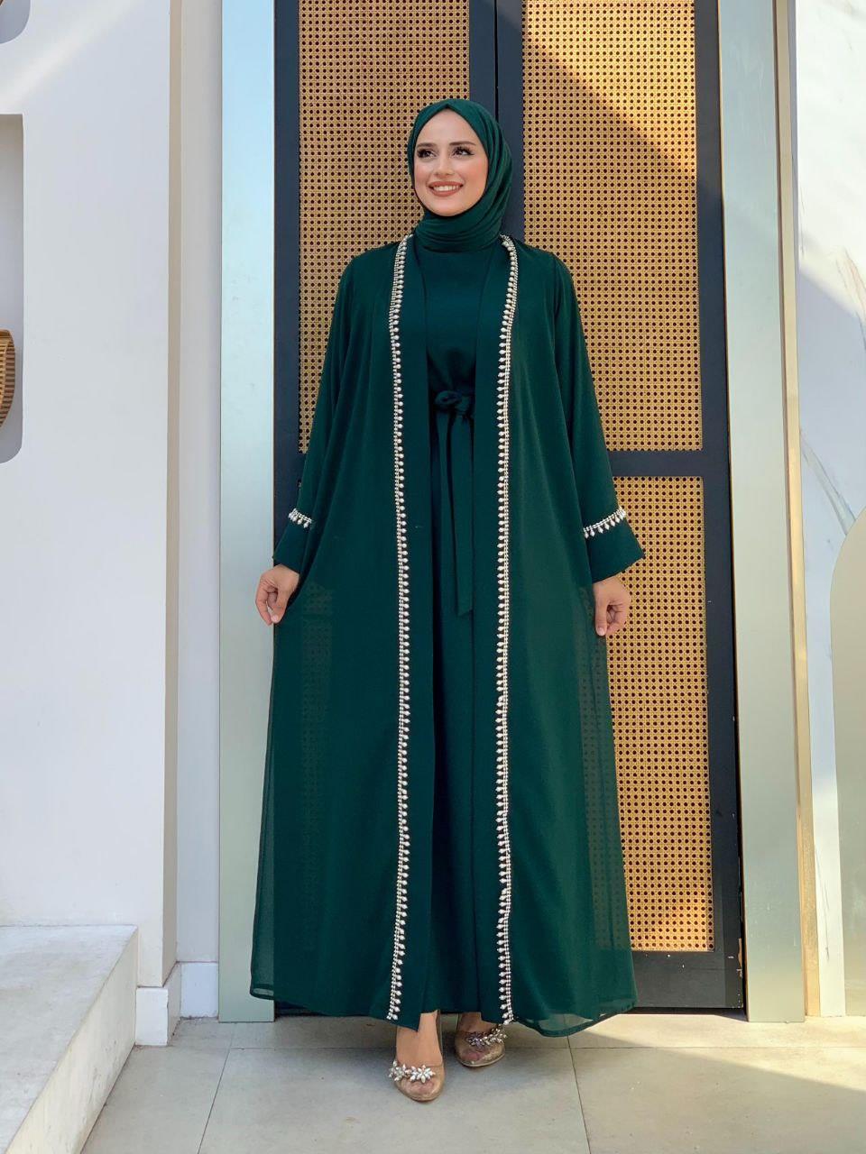 İncili Abaya Elbise Zümrüt 