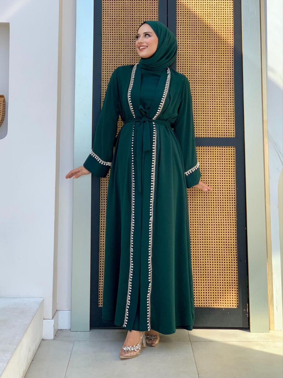 İncili Abaya Elbise Zümrüt 