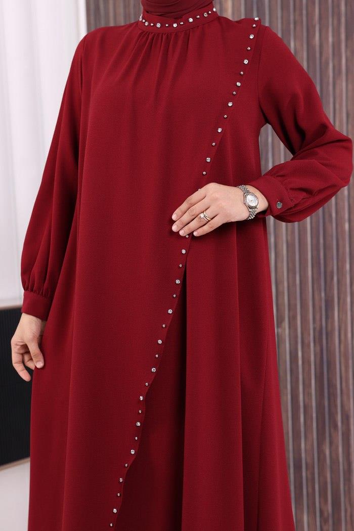 İncili Elbise Bordo