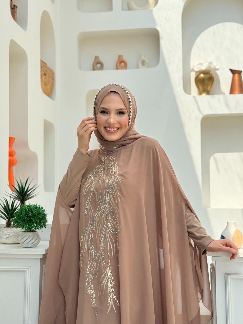 İncili Şifon Şal Vizon