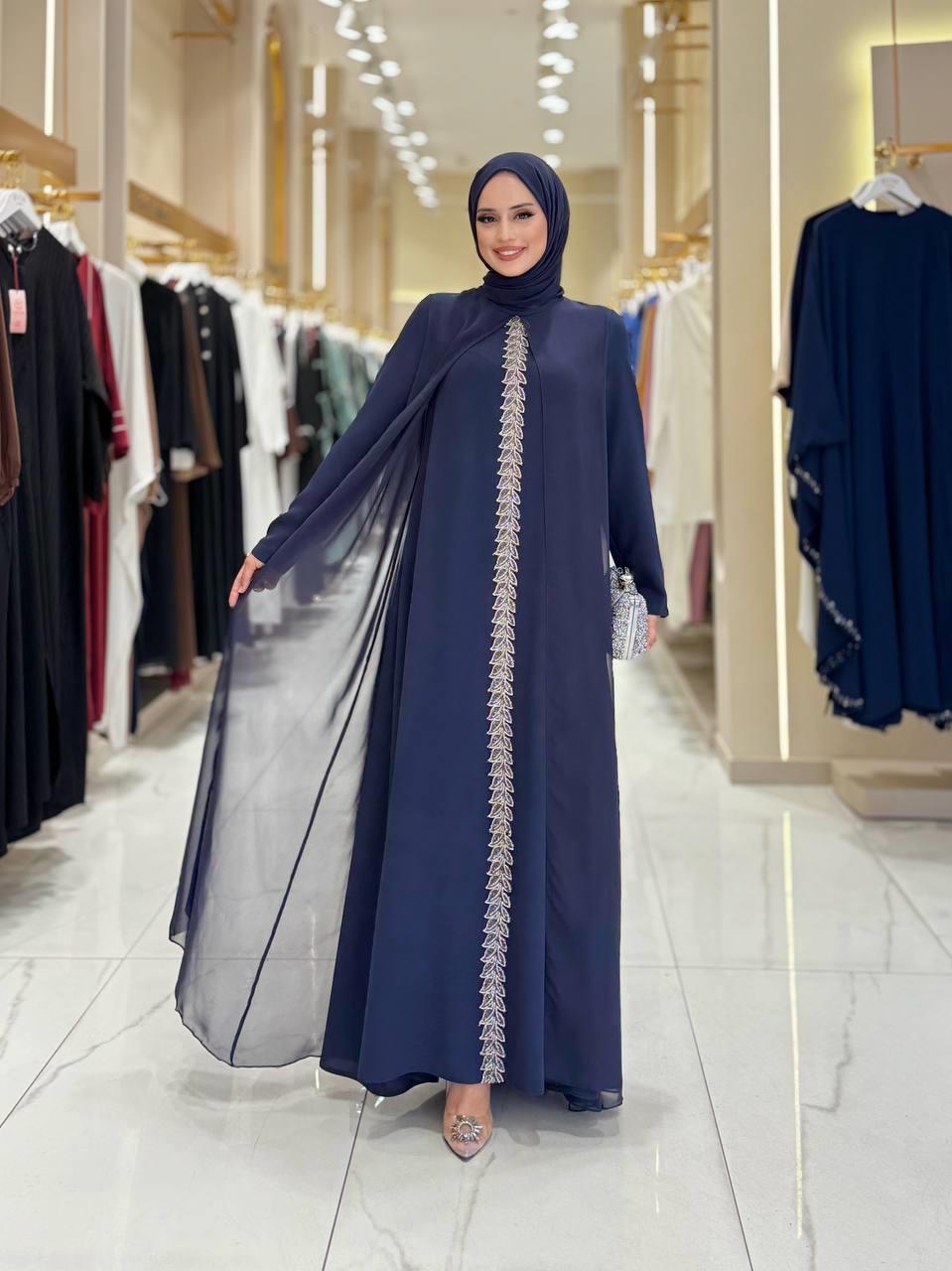 İşlemeli Abiye Elbise ve Şal Takım Lacivert 