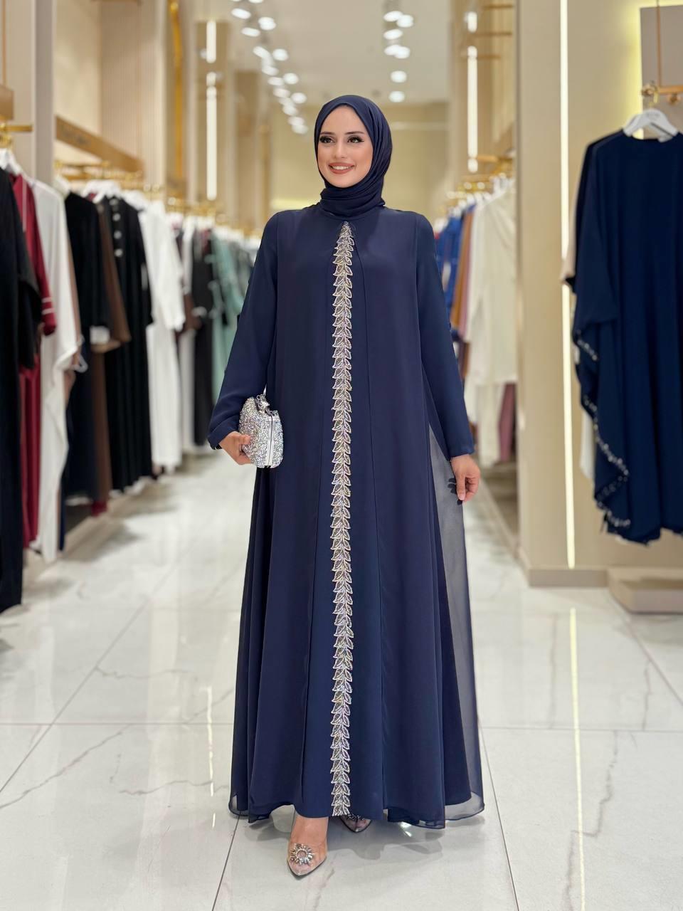 İşlemeli Abiye Elbise ve Şal Takım Lacivert 