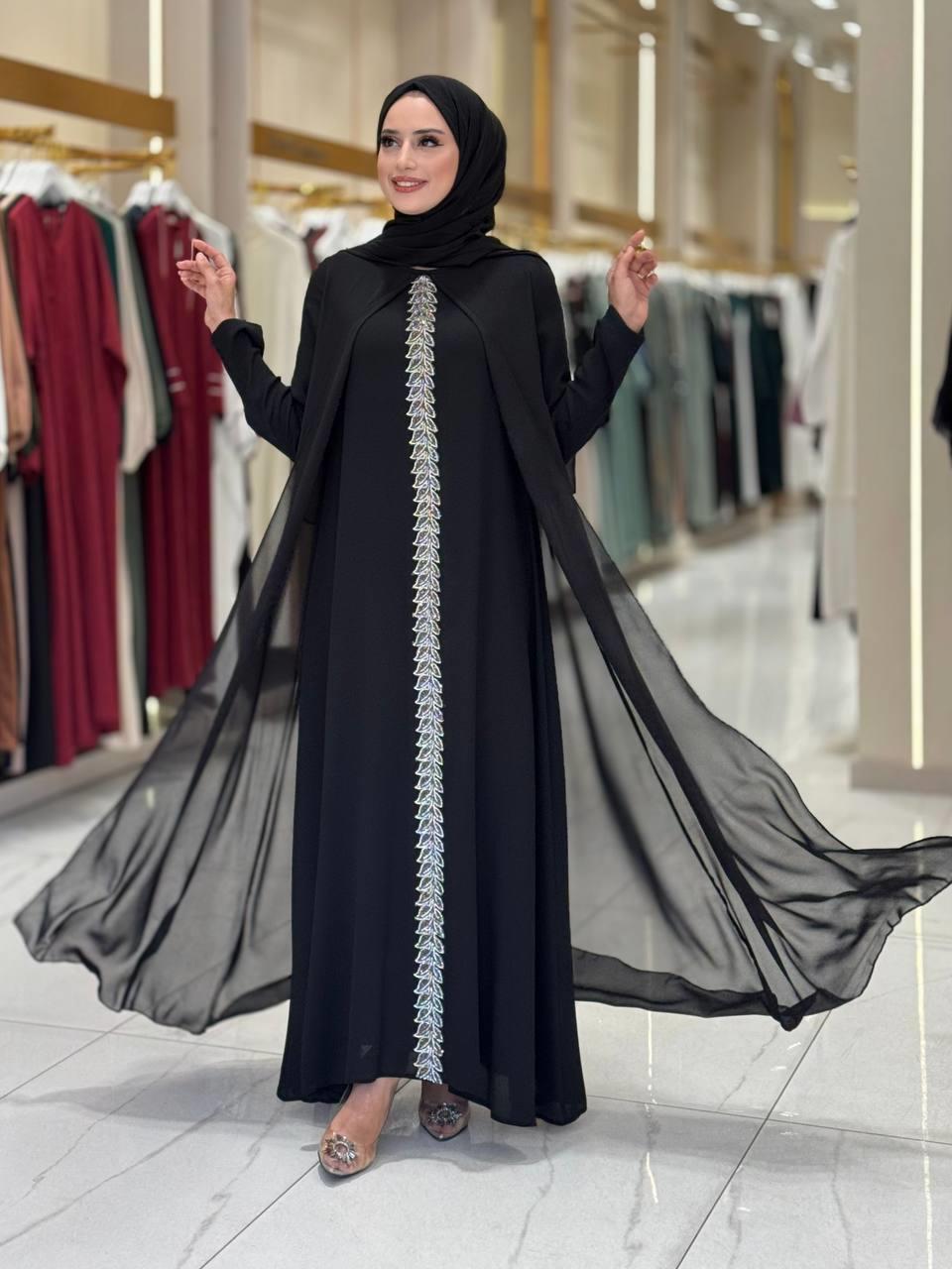 İşlemeli Abiye Elbise ve Şal Takım Siyah