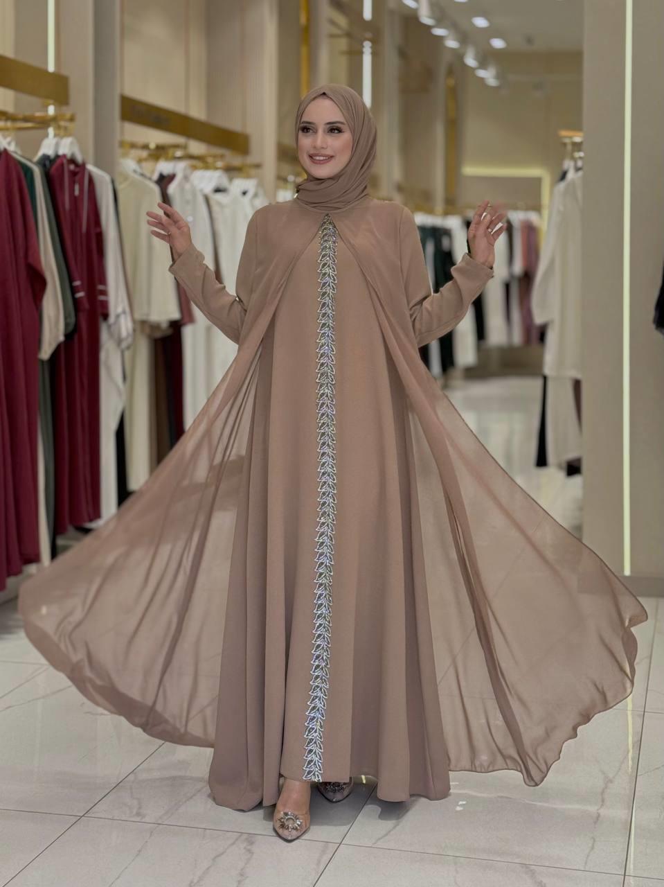 İşlemeli Abiye Elbise ve Şal Takım Vizon