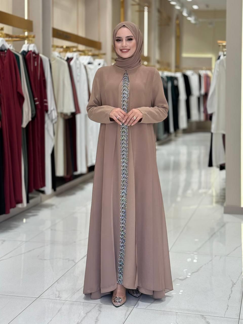 İşlemeli Abiye Elbise ve Şal Takım Vizon