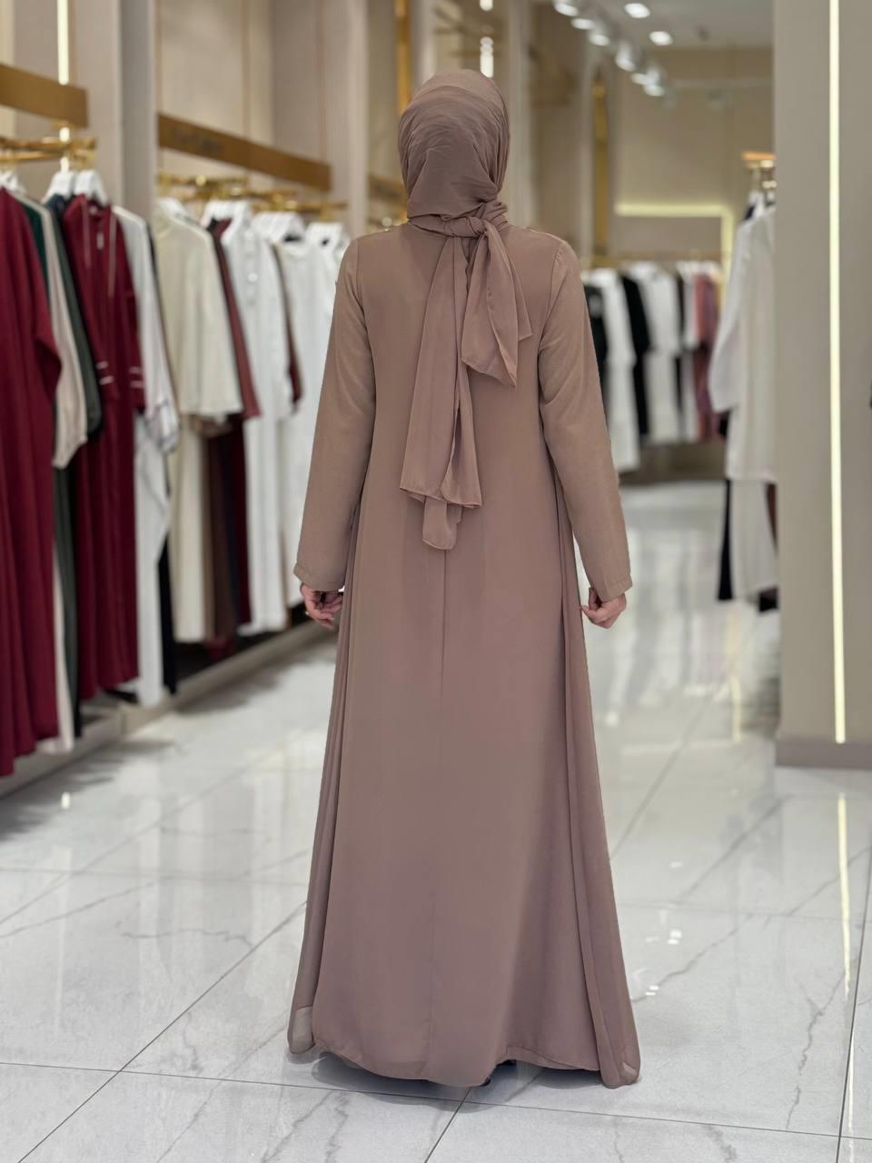 İşlemeli Abiye Elbise ve Şal Takım Vizon