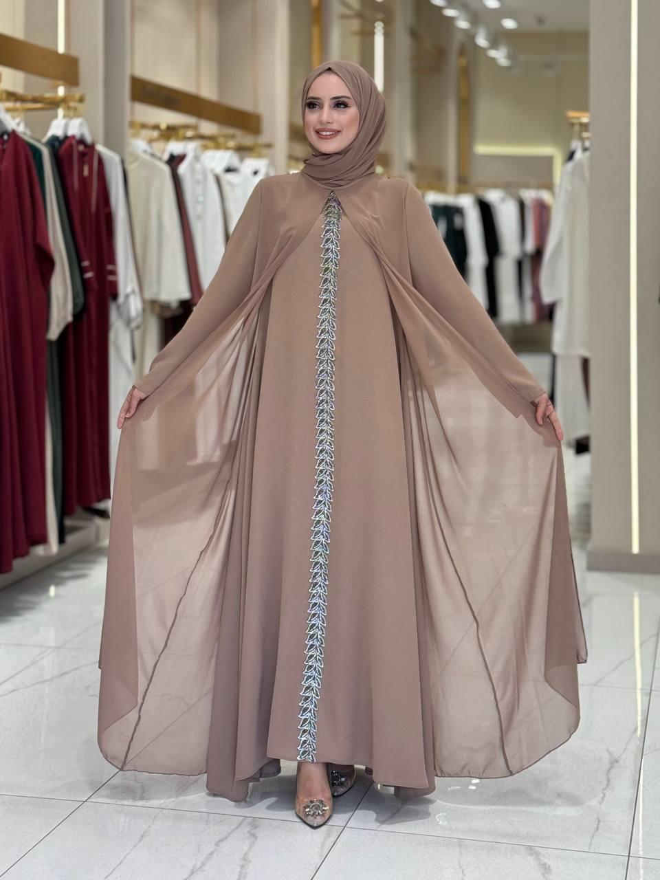 İşlemeli Abiye Elbise ve Şal Takım Vizon