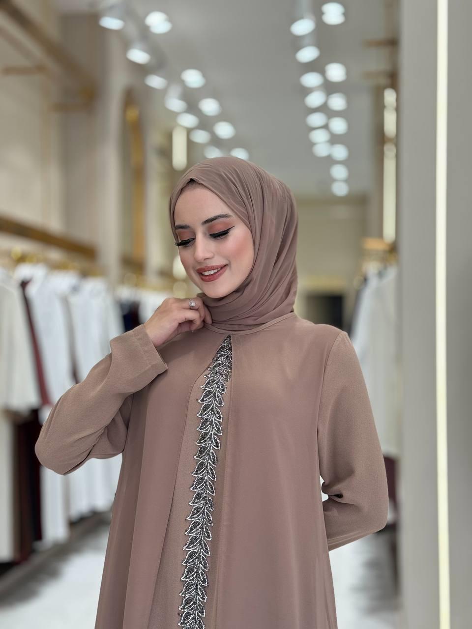 İşlemeli Abiye Elbise ve Şal Takım Vizon