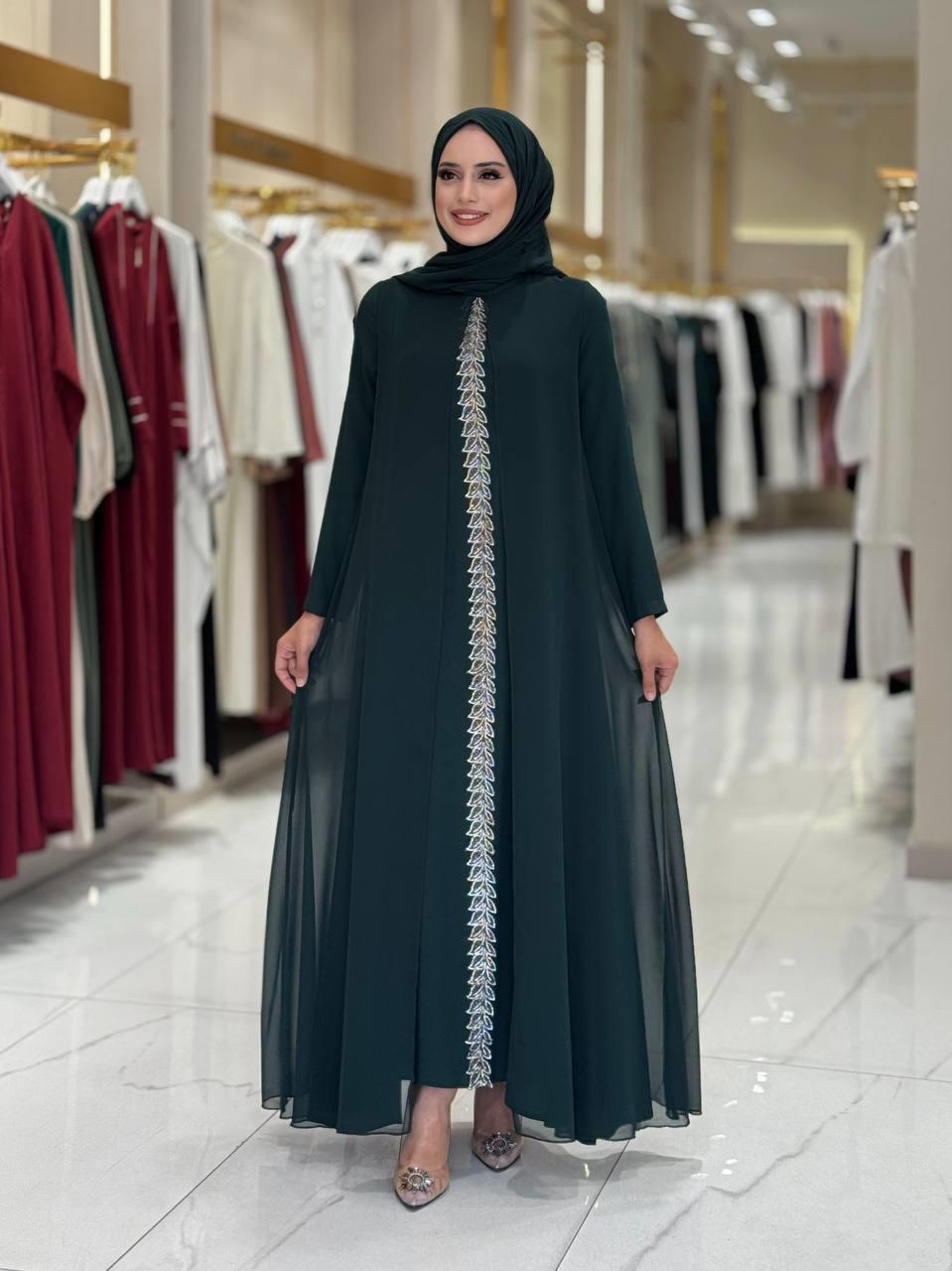 İşlemeli Abiye Elbise ve Şal Takım Zümrüt 