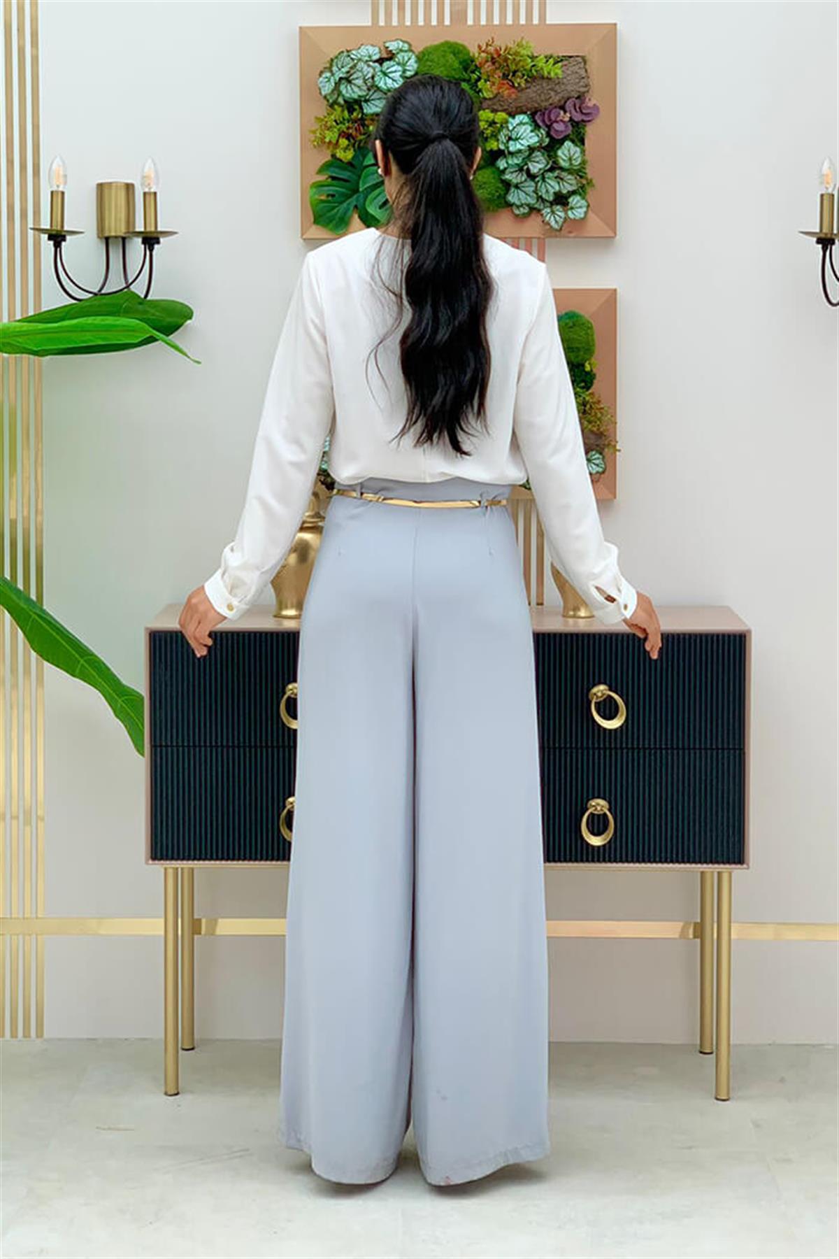 Kemer Aksesuarlı Pantolon Gri