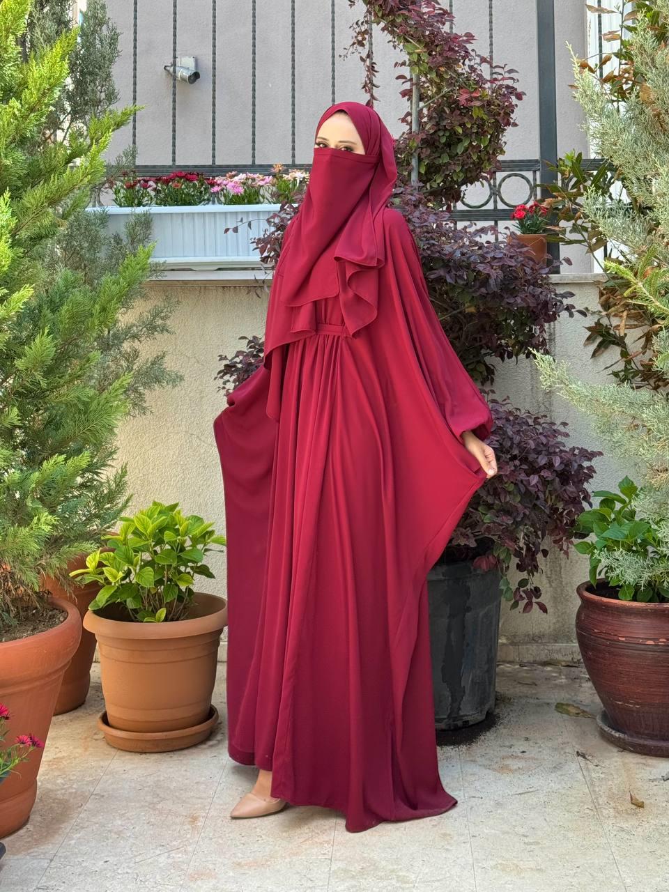 Kuşaklı Peçeli Ve  Şallı Elbise Bordo 