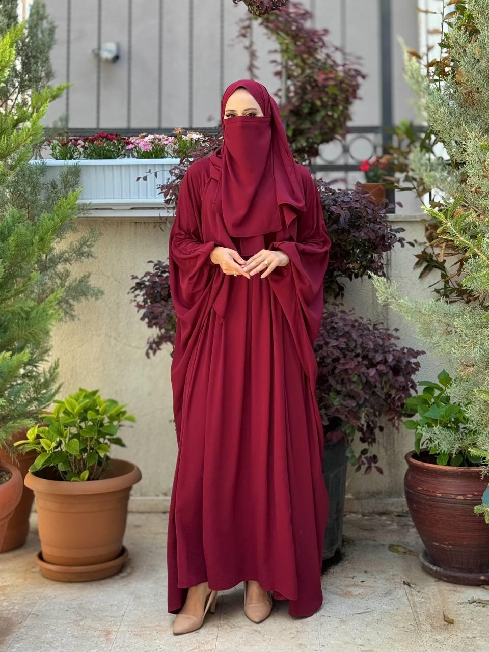 Kuşaklı Peçeli Ve  Şallı Elbise Bordo 