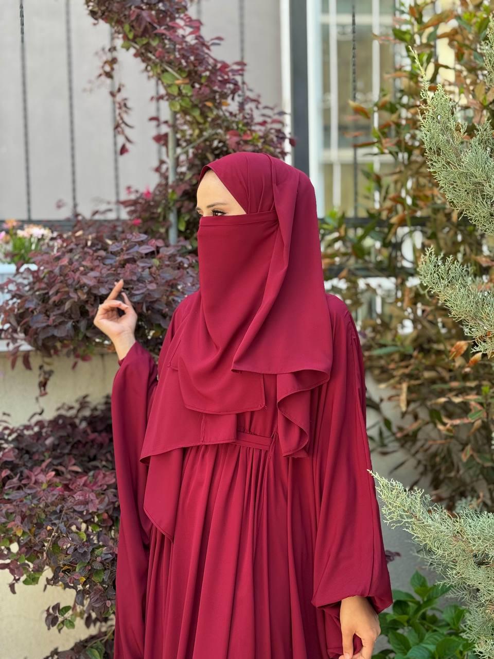 Kuşaklı Peçeli Ve  Şallı Elbise Bordo 