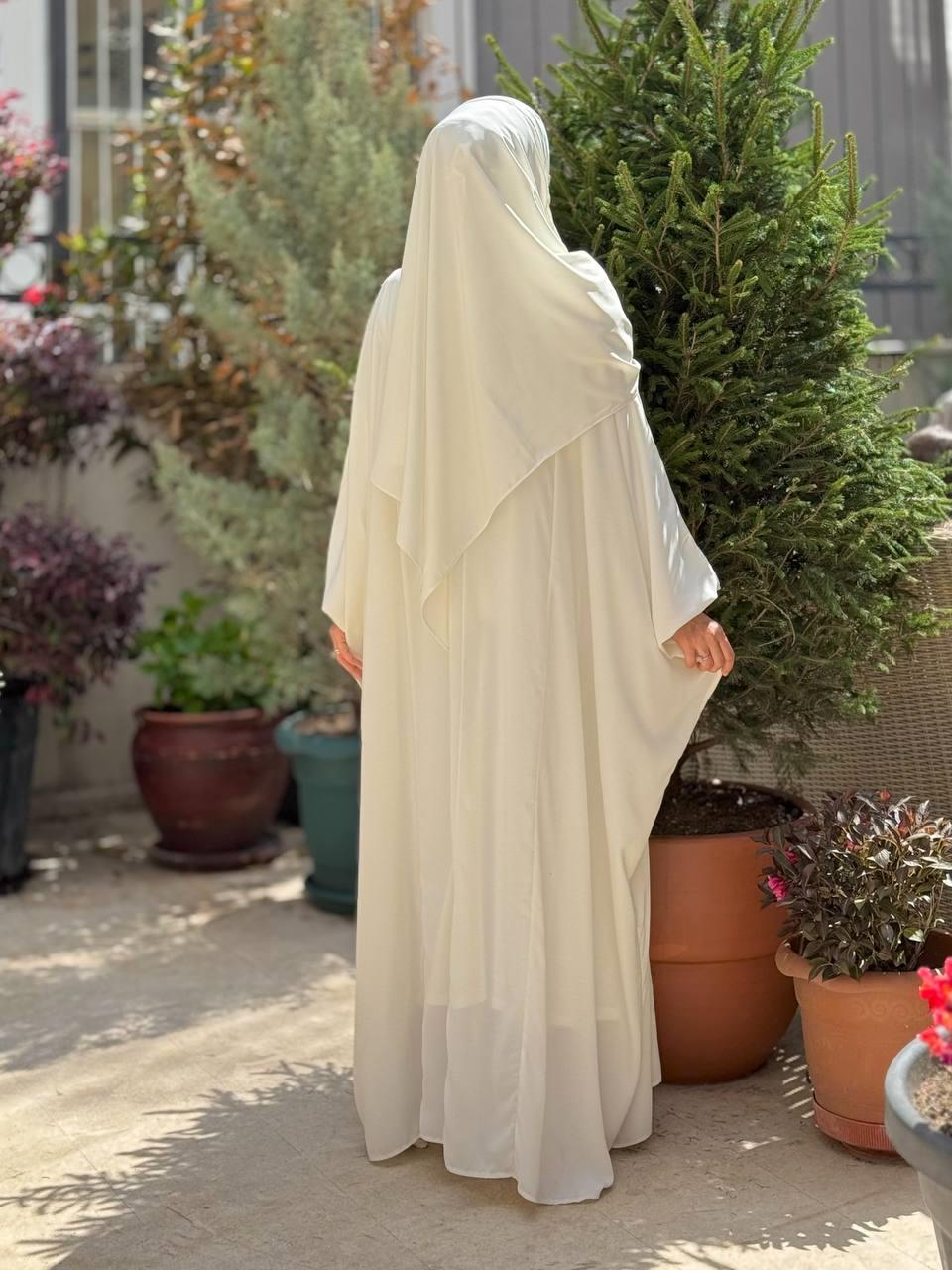 Kuşaklı Peçeli Ve  Şallı Elbise Ekru