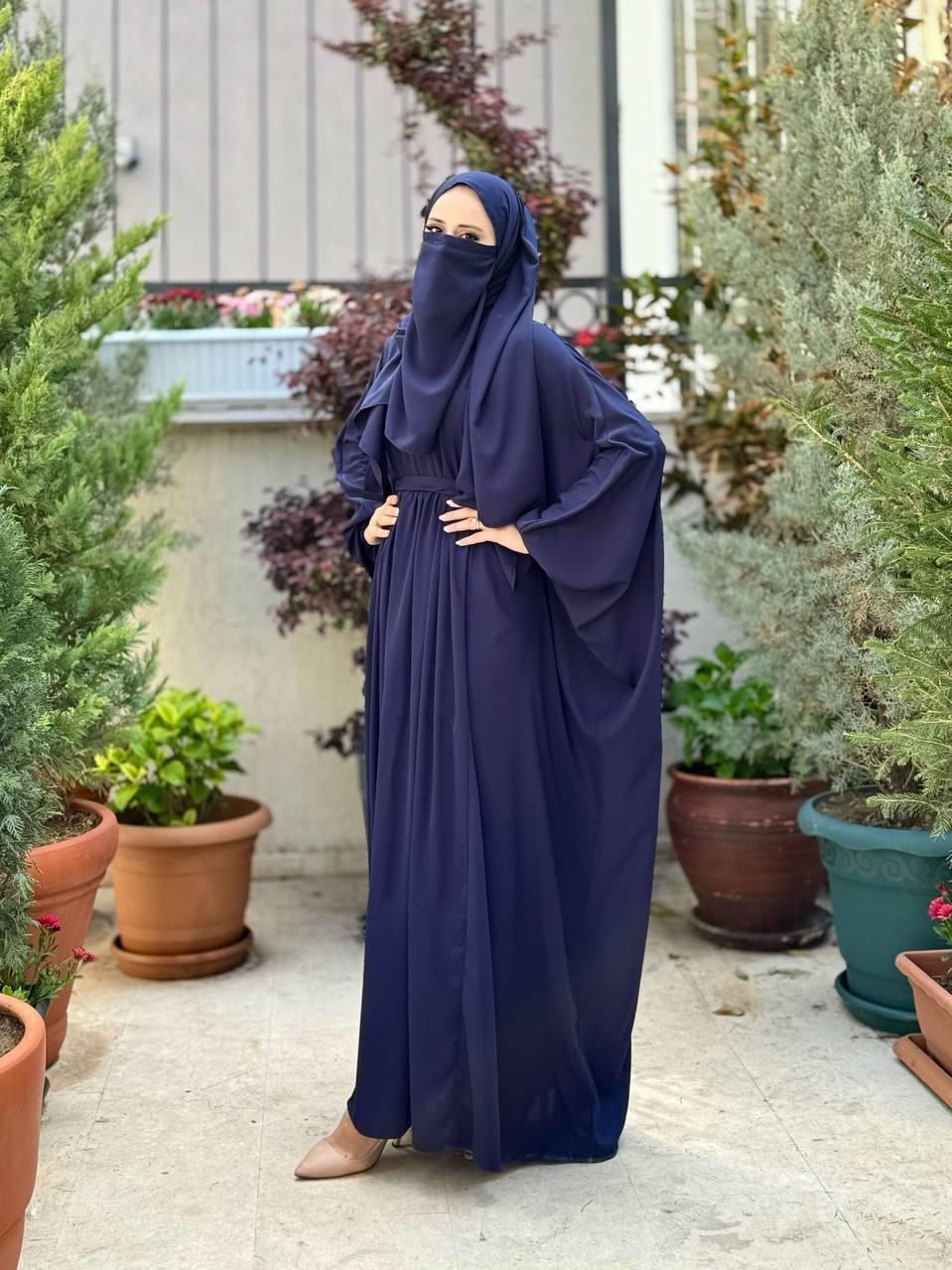 Kuşaklı Peçeli Ve  Şallı Elbise Lacivert 