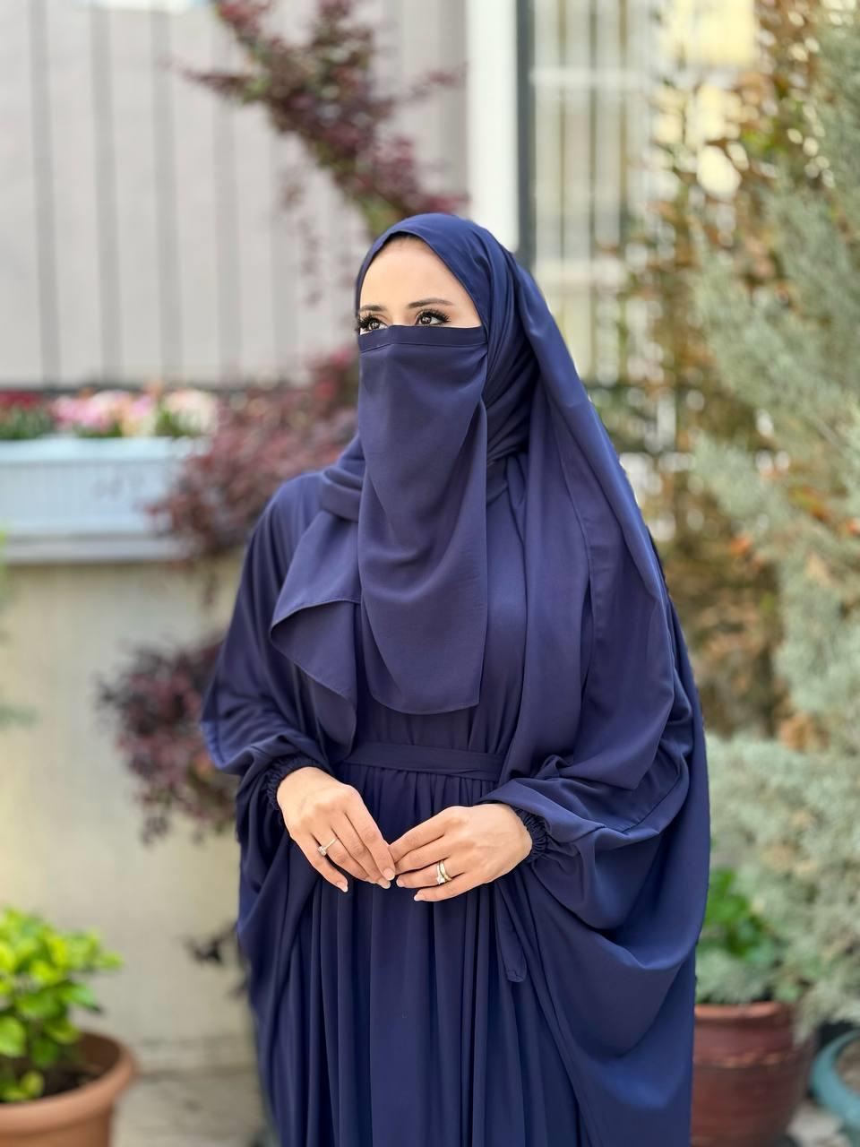 Kuşaklı Peçeli Ve  Şallı Elbise Lacivert 